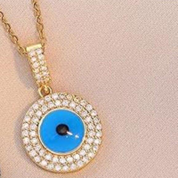 Neiman Marcus 14K Gold Plated Gold Evil Eye Mother of Pearl CZ Necklace - Picture 3 of 3